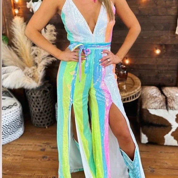 Southern fried chics Neon Rainbow Sequin Jumpsuit - Picture 2 of 5